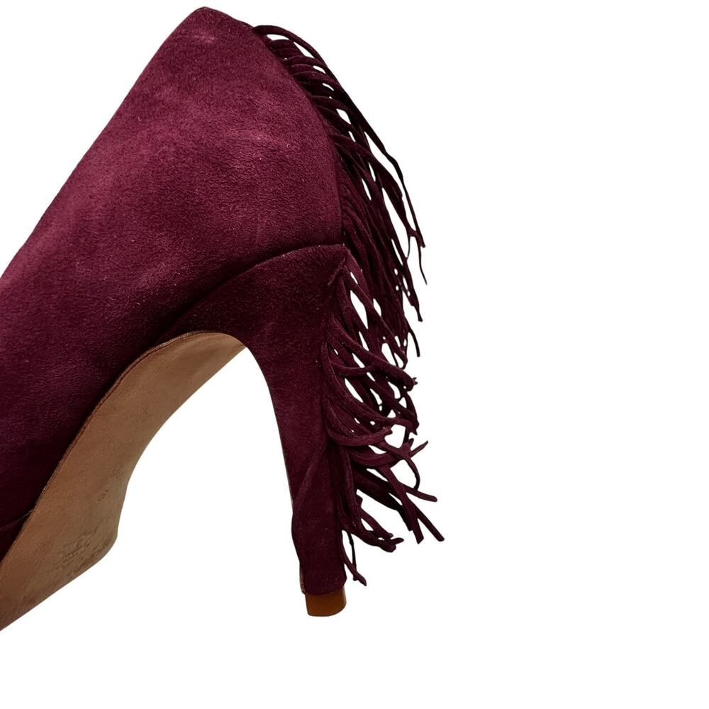 Loeffler Randall Pari Suede Fringe Detail Boho Artsy Maroon Wine Pumps Women's 9 - Picture 8 of 11